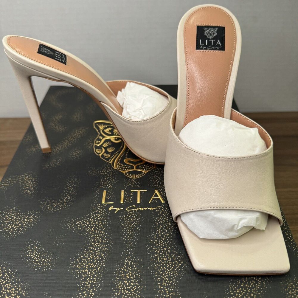Lita by Ciara Square Toe Cream Slide Italian Leather Stiletto Heel EU‎ 39/US 8.5